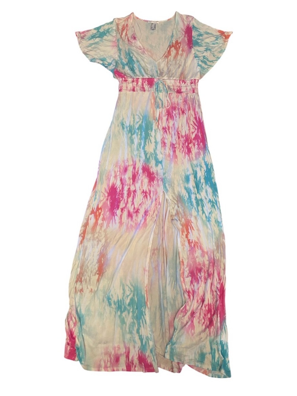 Venus |White Multi- Colored Splat Pattern Maxi Dress Bat Sleeve Pull Tye Waist S
